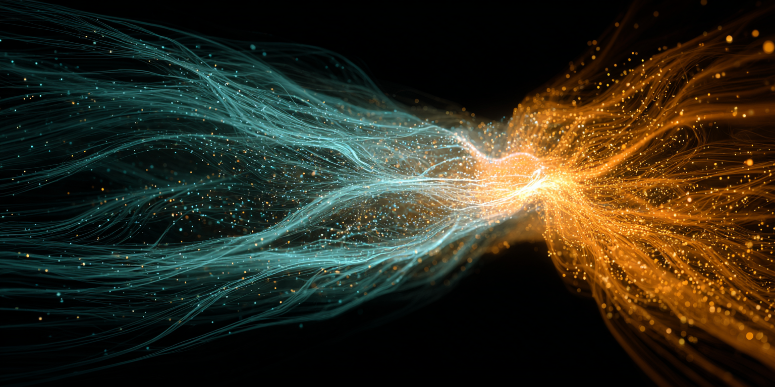 Abstract visualization of converging streams representing the bridge between human intelligence and AI