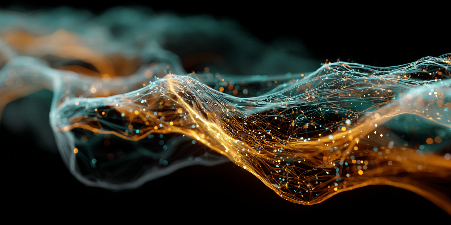 AI transformation visualization - flowing particle networks representing organizational integration